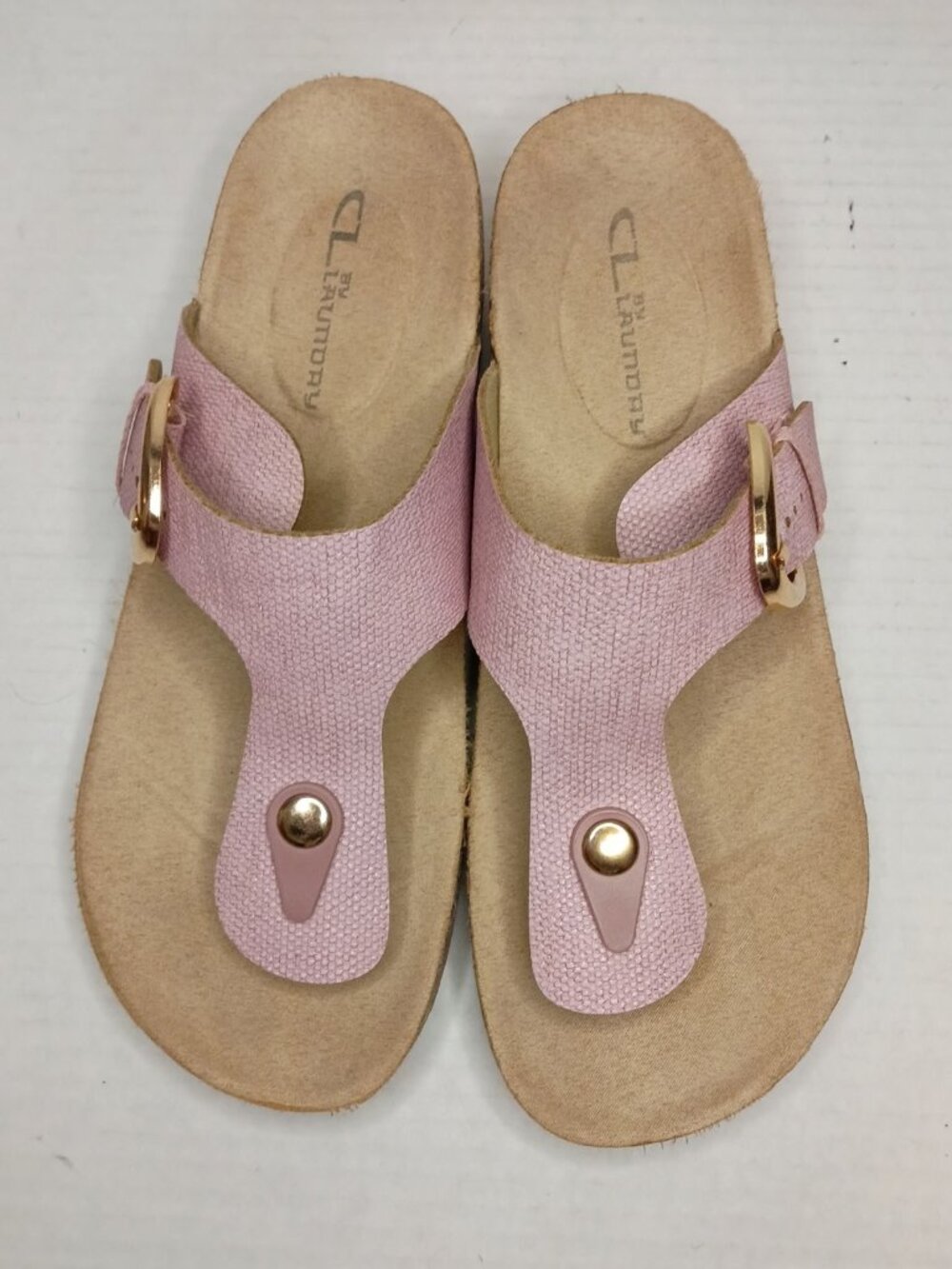 CL by Laundry Pink Mauve Cork Wedge Thong Sandals Gold Buckle Women's Size 8